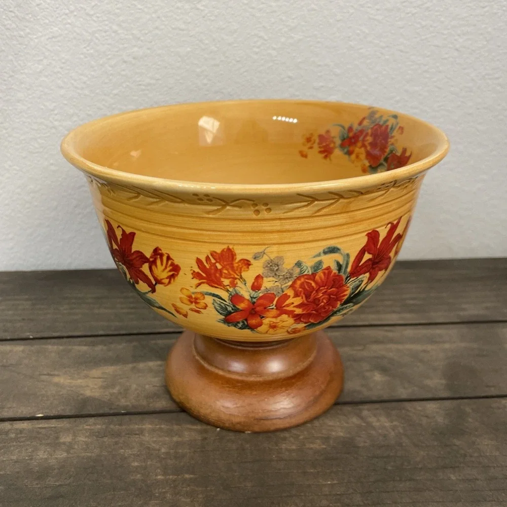 FTD Ceramic Centerpiece Bowl Wood Footed Floral Vase Fall Thanksgiving Decor